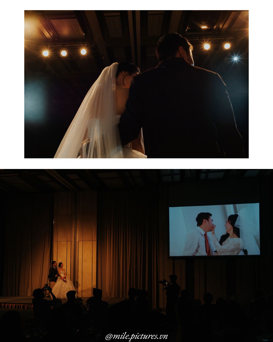 Romantic wedding couple standing at altar with veil, and reception hall screen displaying their photo below.