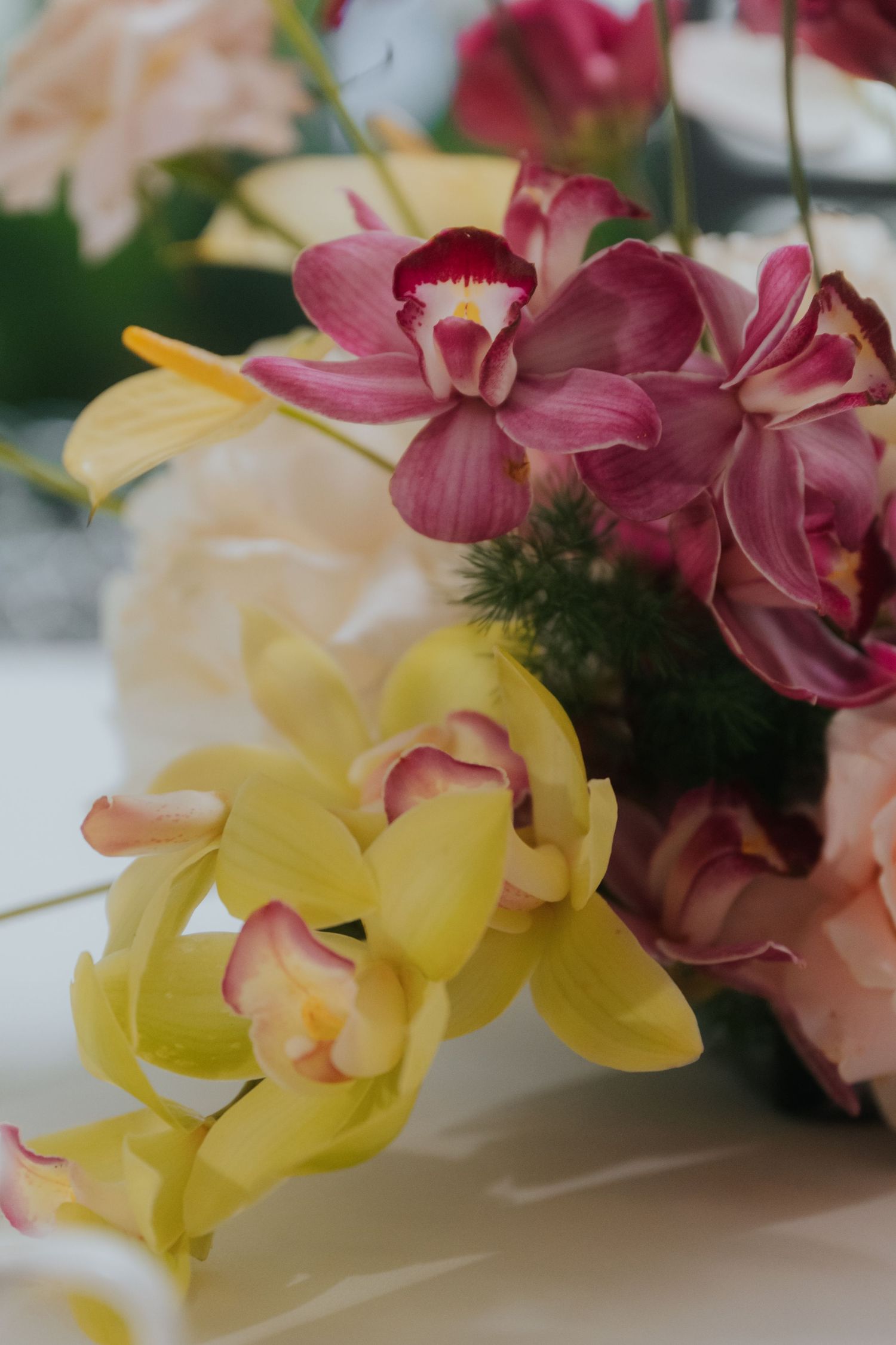 Elegant floral arrangement featuring yellow and pink cymbidium orchids with lush greenery on a white surface.