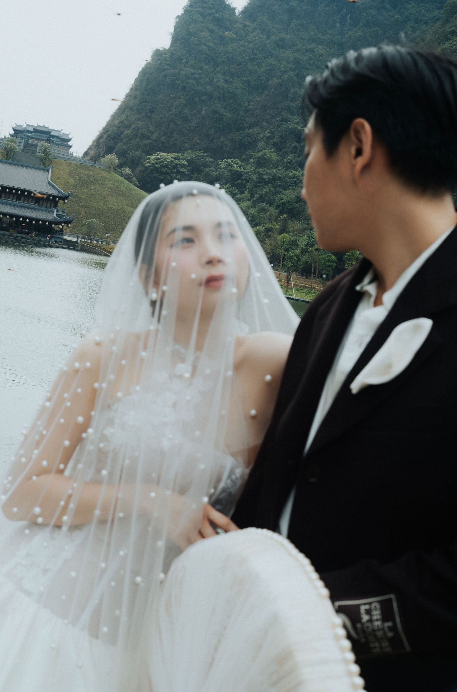 A bride in a pearl-adorned veil and white gown gazes at her groom in a black tuxedo, with mountains and a lake behind.