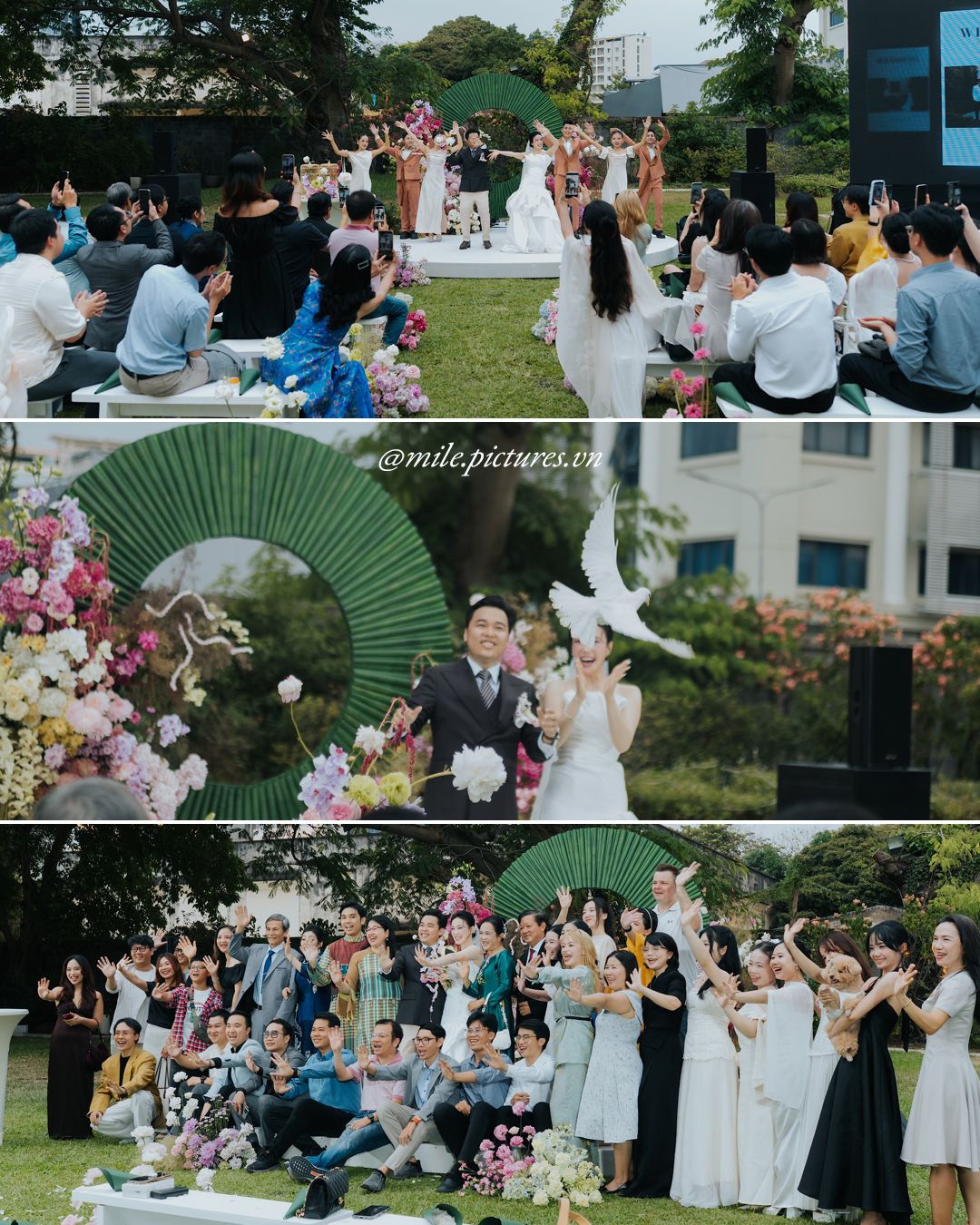 Outdoor garden wedding ceremony in Vietnam with guests seated on lawn, floral arch, and group celebration photos.