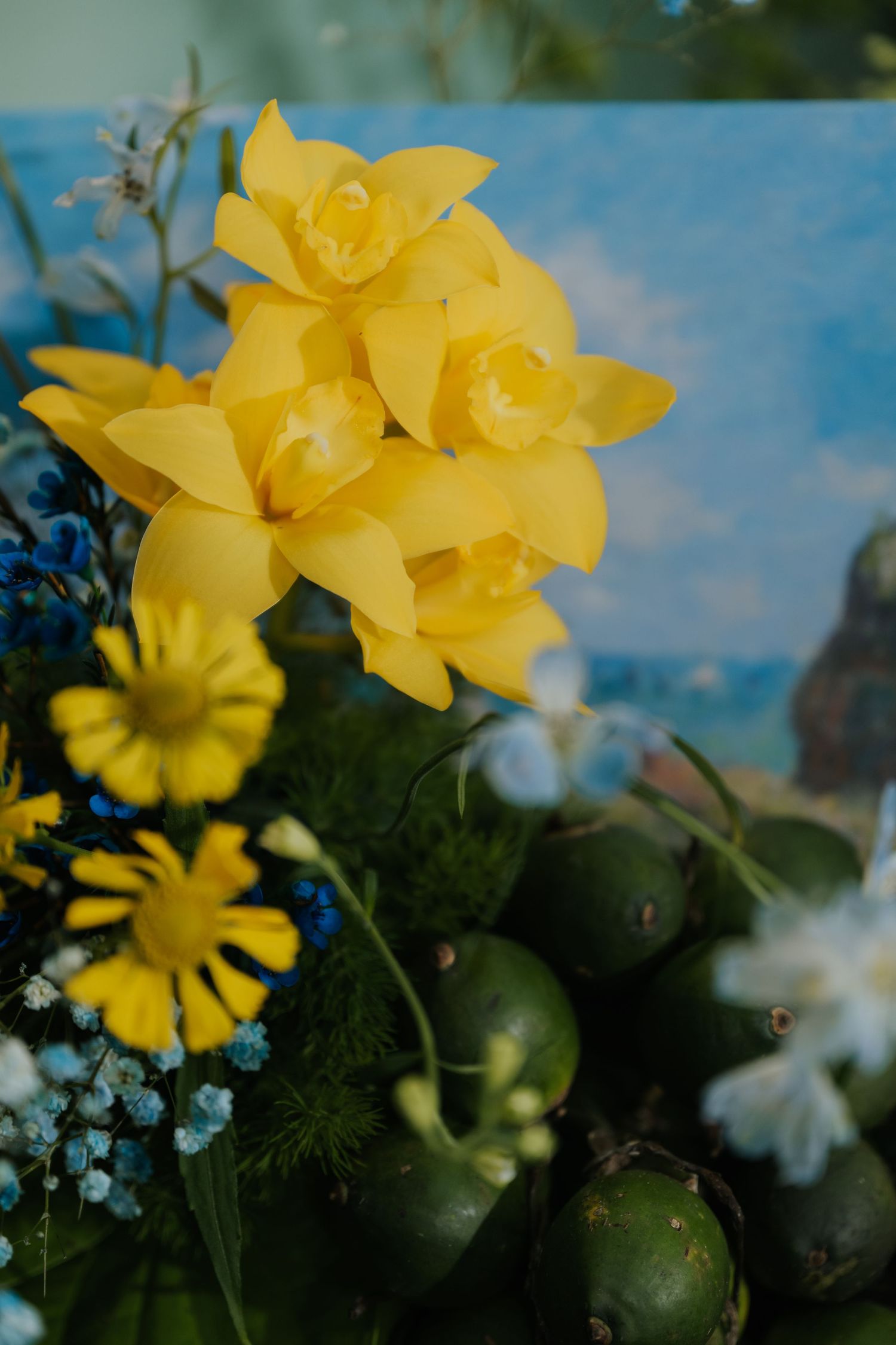 Vibrant yellow orchids and daisies with blue flowers and green fruits in a lush floral arrangement against a soft blue backdrop.