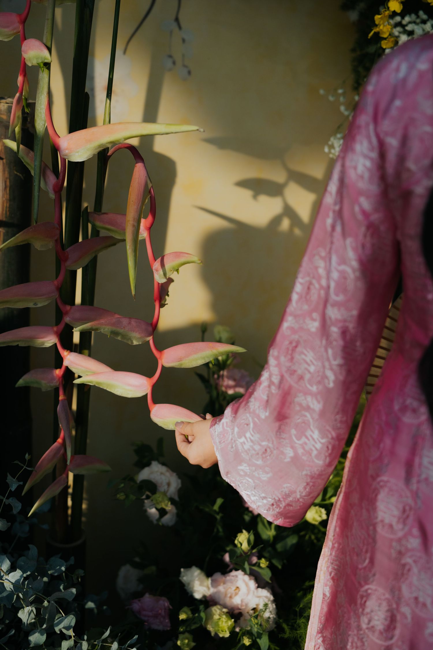 Woman in pink lace dress touching tropical heliconia flowers against a yellow wall with floral shadows.