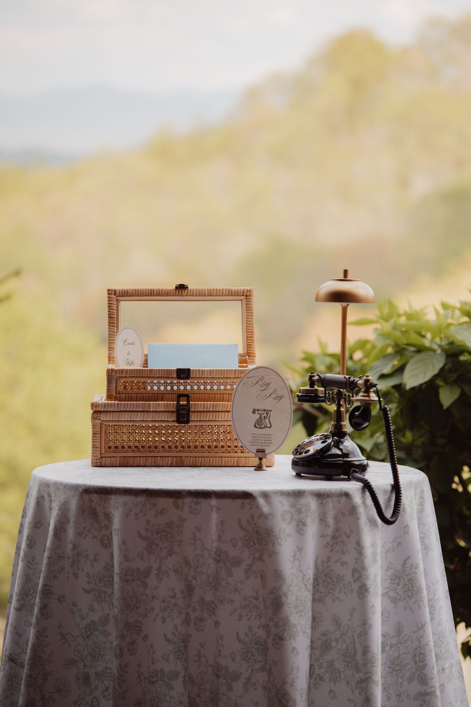 Vintage wicker boxes and antique black rotary telephone on elegant floral tablecloth table with lush green landscape backdrop.