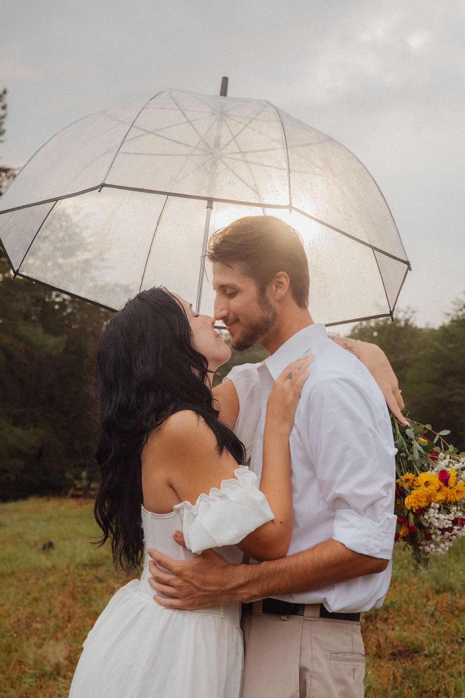 Couple kissing under a clear bubble umbrella in a lush green field.