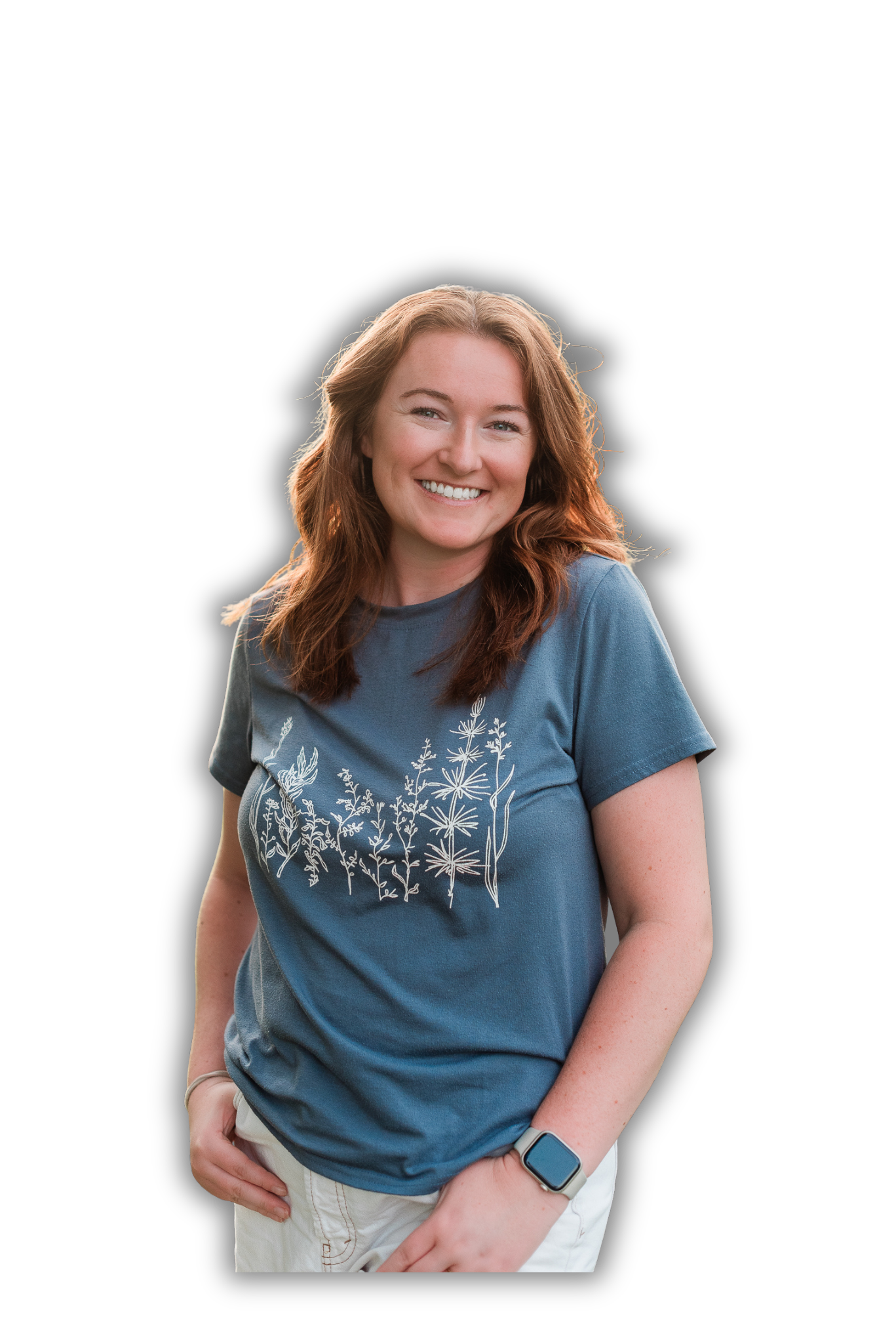 A person wearing a blue t-shirt with white floral design shown from multiple angles in a collage.