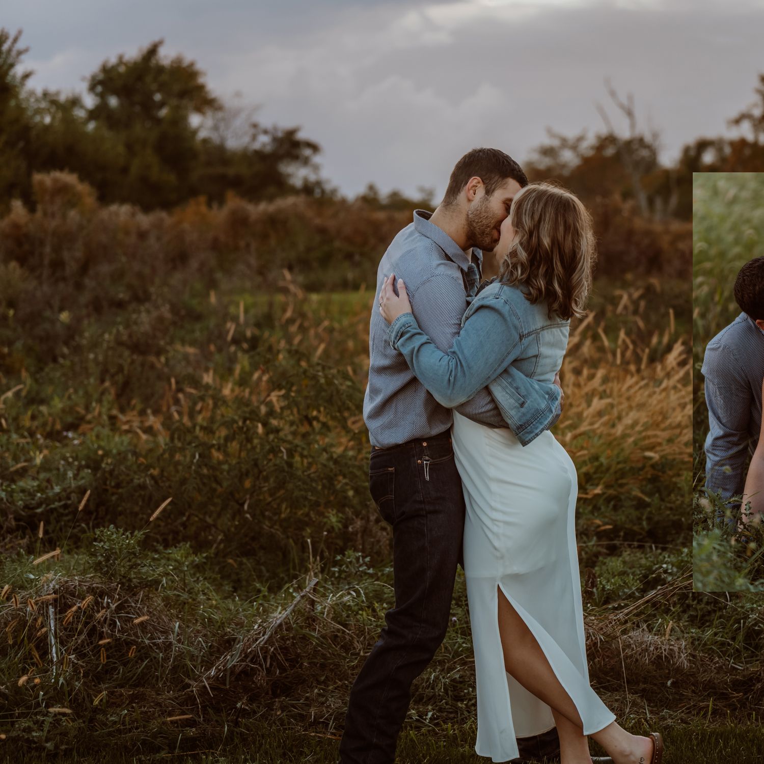 A couple shares an intimate moment on a wooden boardwalk during golden hour. Lindsey ohio Wilson Nature Preserve