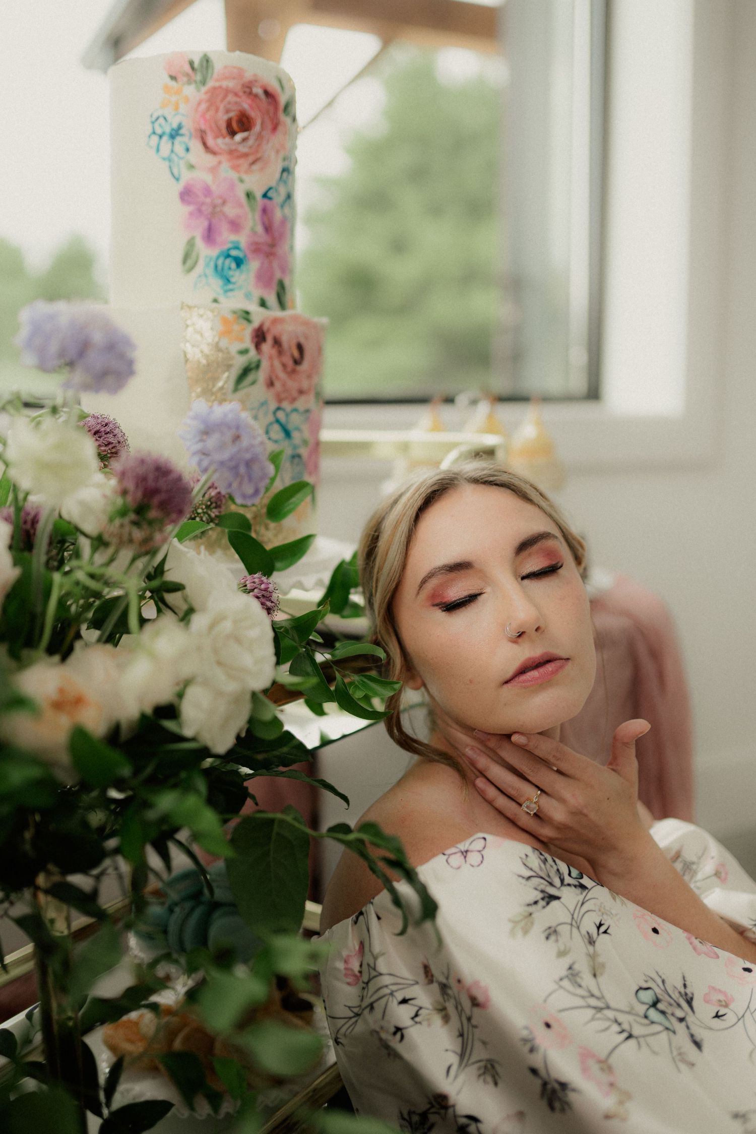 Romantic bridal portrait with soft florals and natural window light. Wooster Ohio The Wellspring Wedding Venue