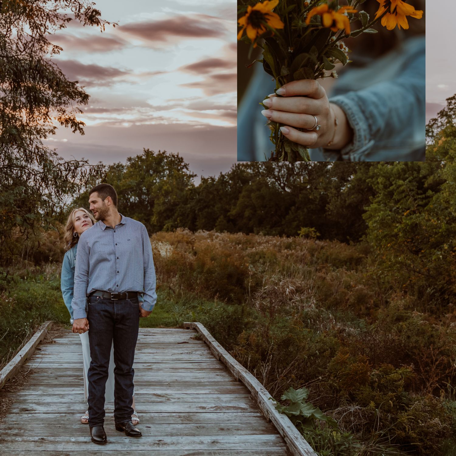 A couple walks along a wooden boardwalk during a moody sunset photoshoot. Lindsey ohio Wilson Nature Preserve