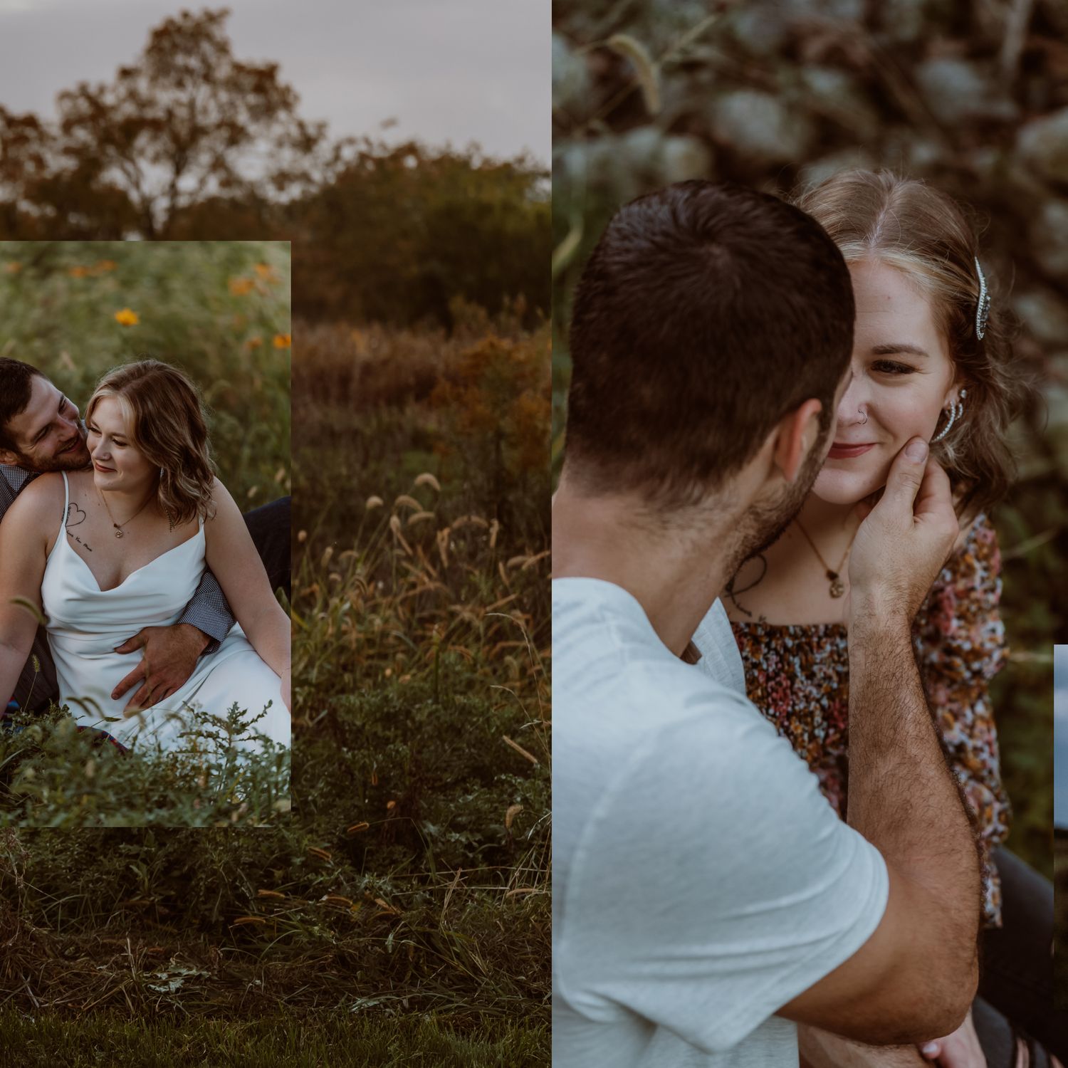 A romantic couple embraces outdoors during a sunset photoshoot in a natural setting. Lindsey ohio Wilson Nature Preserve