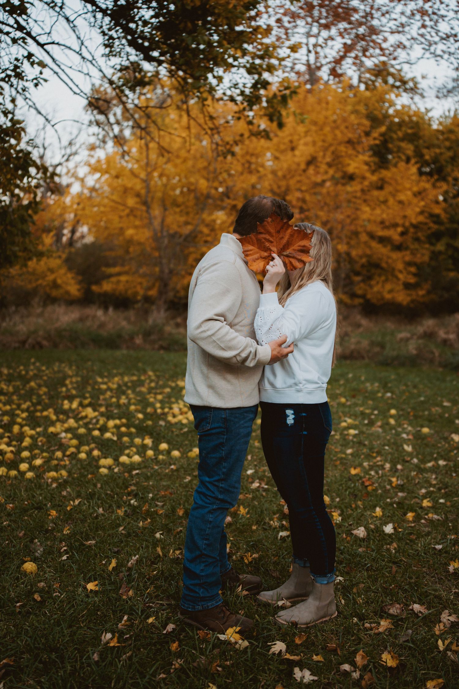 Romantic autumn scene with couple embracing on grass covered with fallen yellow leaves. The christy house, fremont, ohio