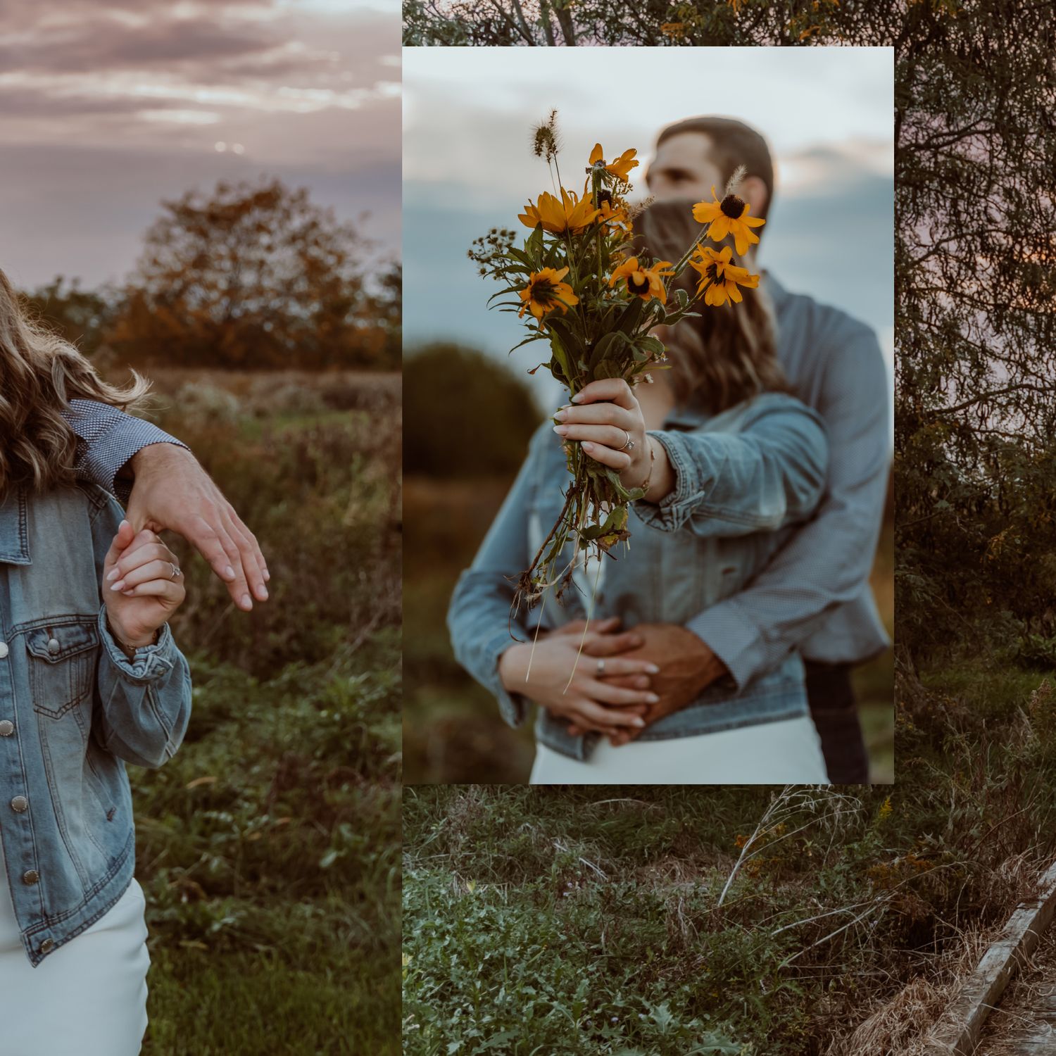 A couple poses with yellow flowers during an outdoor engagement session at dusk. Lindsey ohio Wilson Nature Preserve
