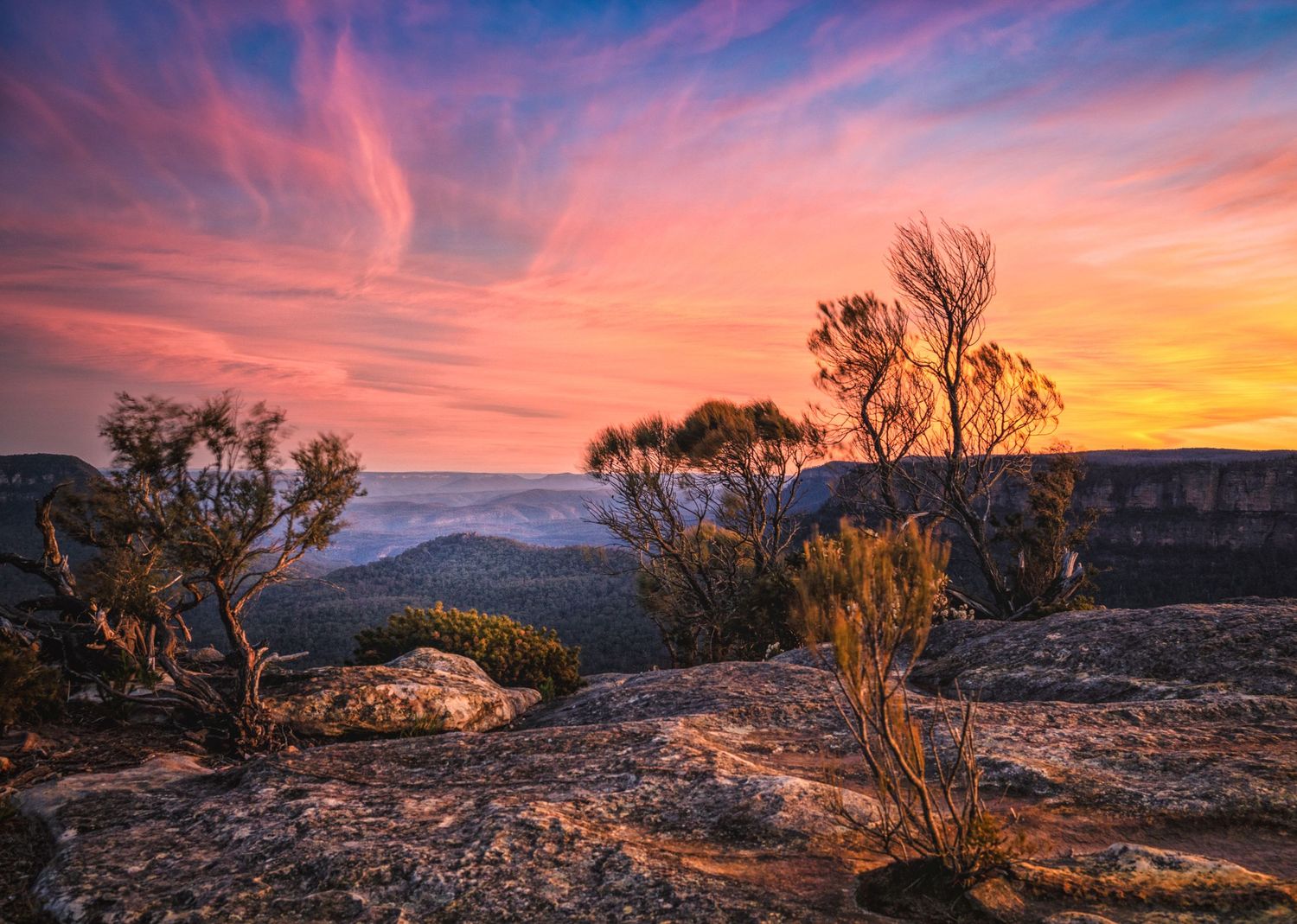 Dramatic sunset paints sky in pink and orange hues over Blue Mountains landscape.