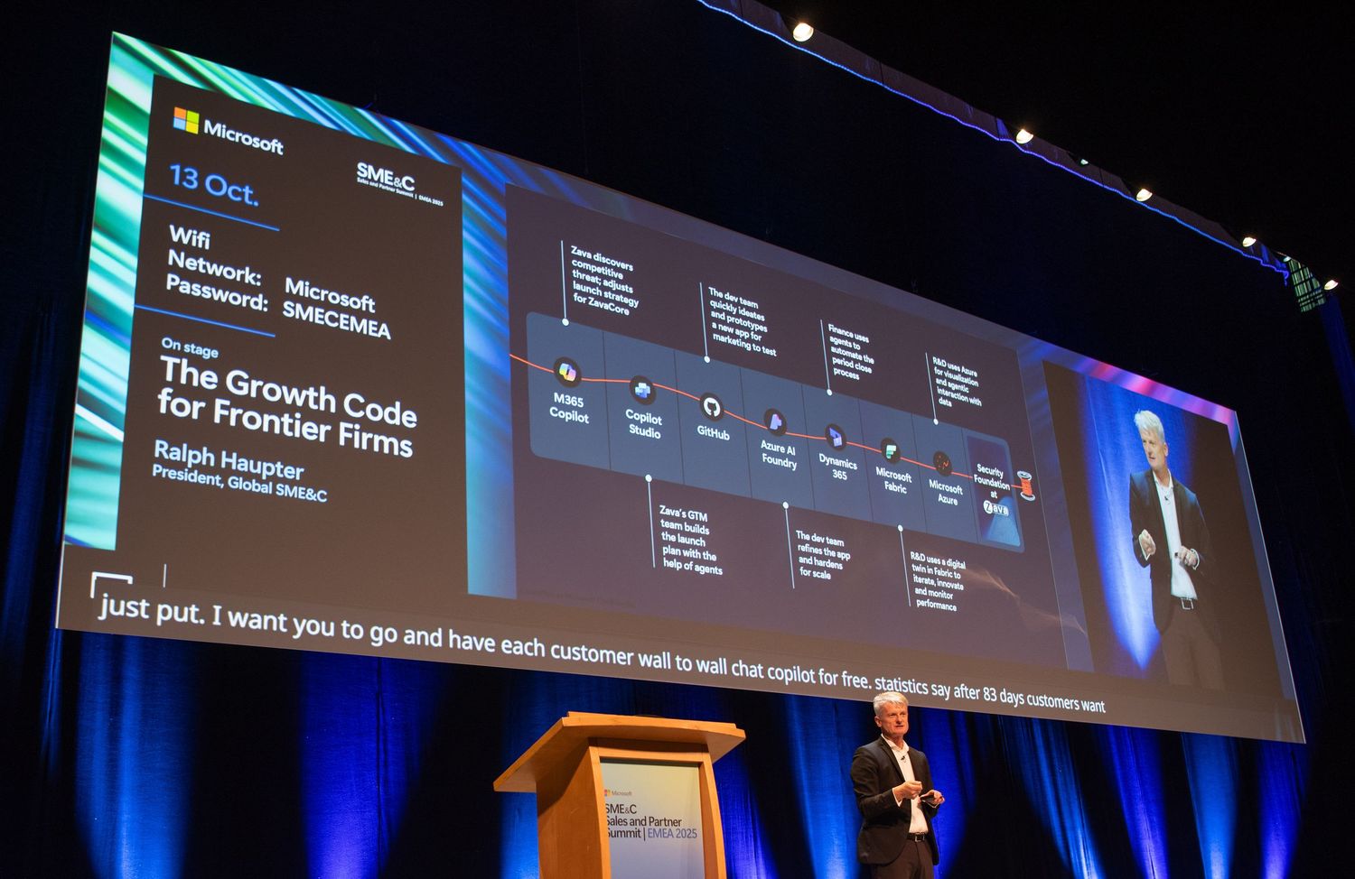 Large projection screen displaying a growth guide presentation with blue lighting at a professional conference.