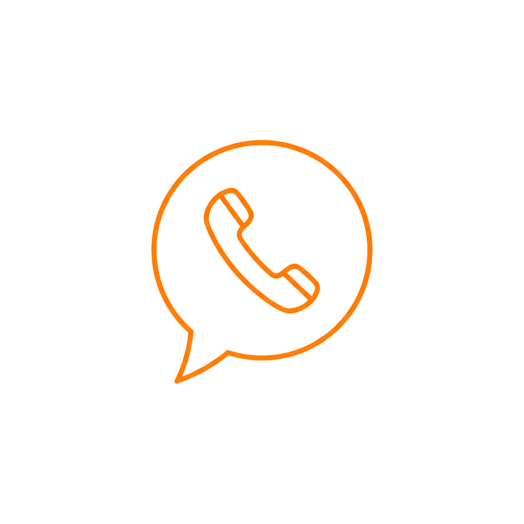 Orange outline of a phone handset icon inside a speech bubble against a white background.