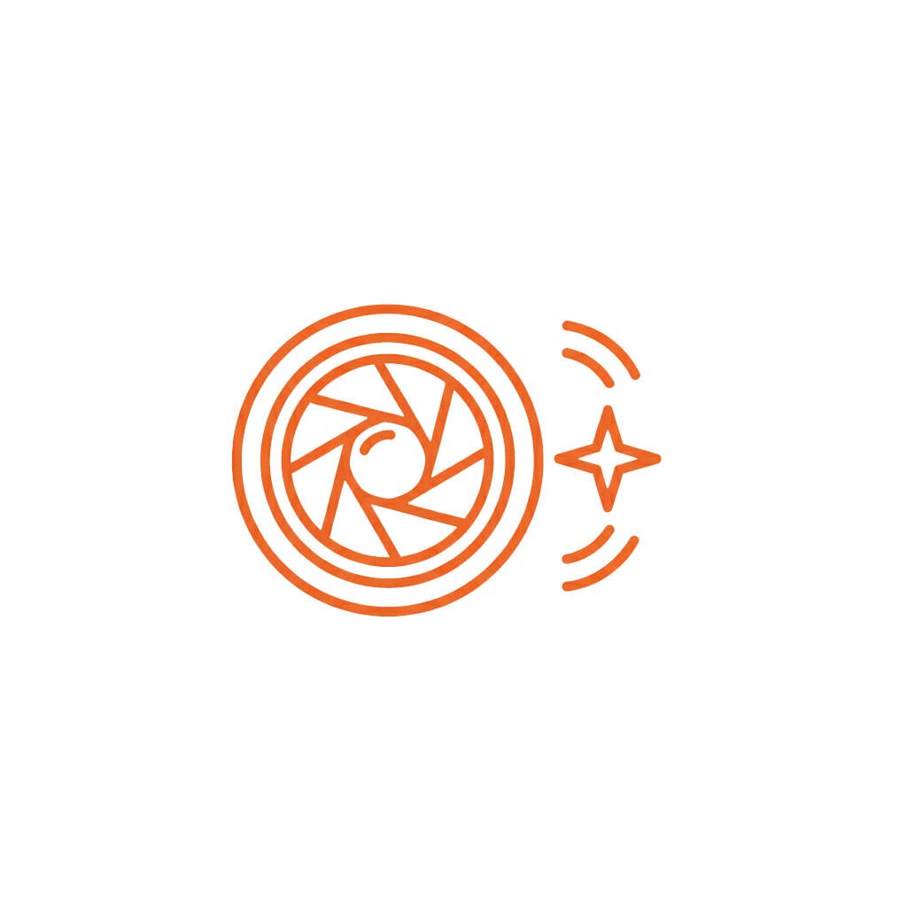 Simple orange line drawings of eyes and camera lens icons arranged in a horizontal row.
