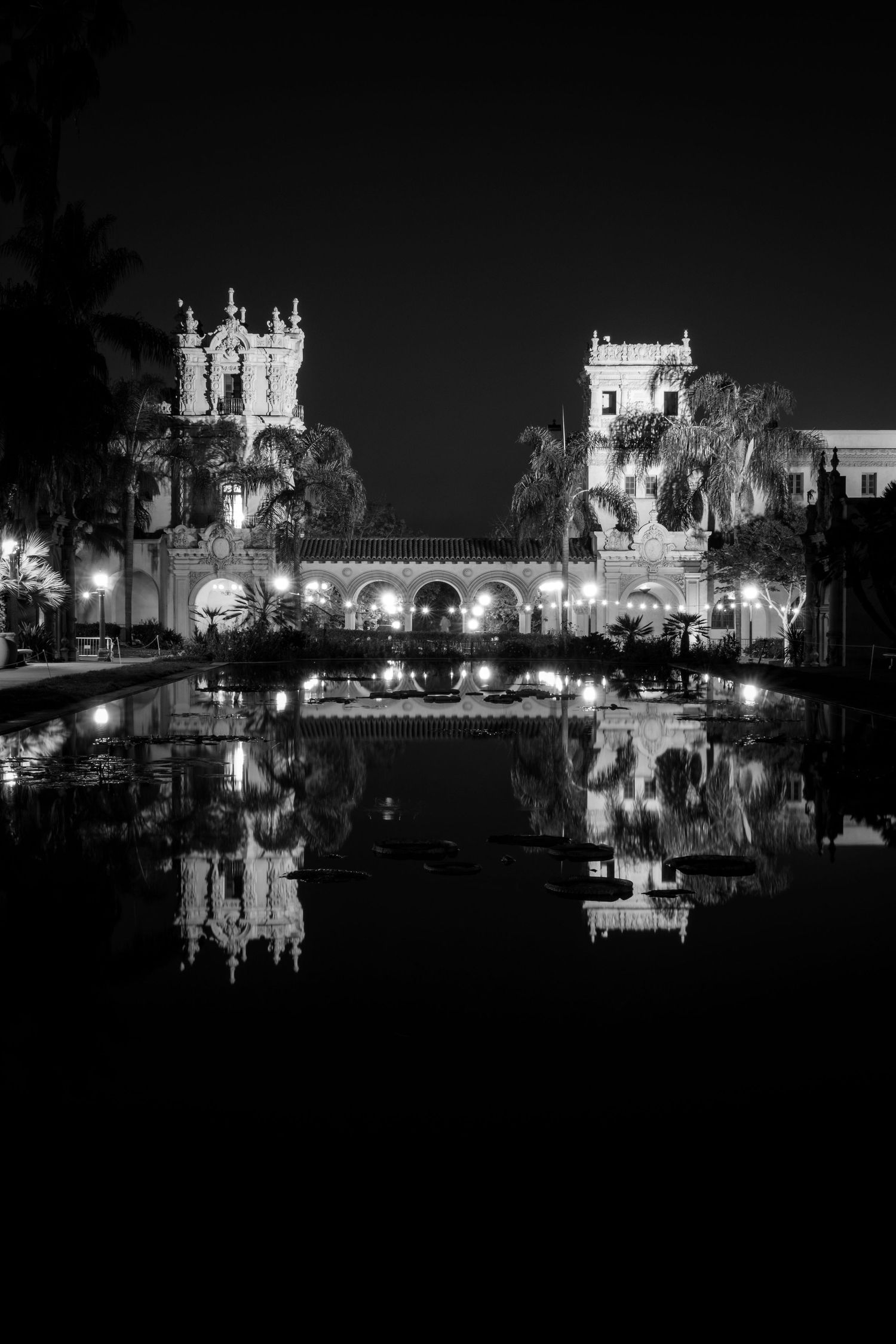 Black and white nighttime view of illuminated buildings reflecting in water.