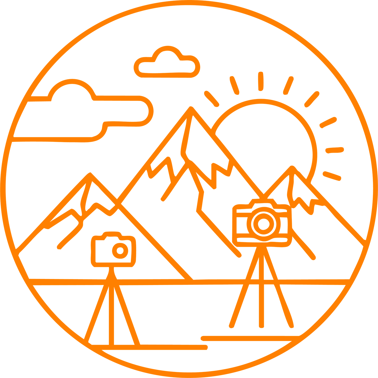 Orange line art icon of mountain landscape with cameras on tripods and sun in circular frame.