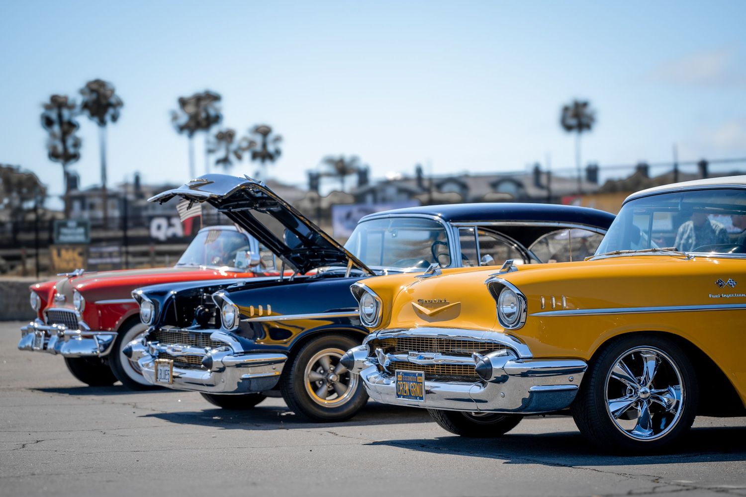 Classic vintage cars on display at an outdoor car show with palm trees in the background on a sunny day.