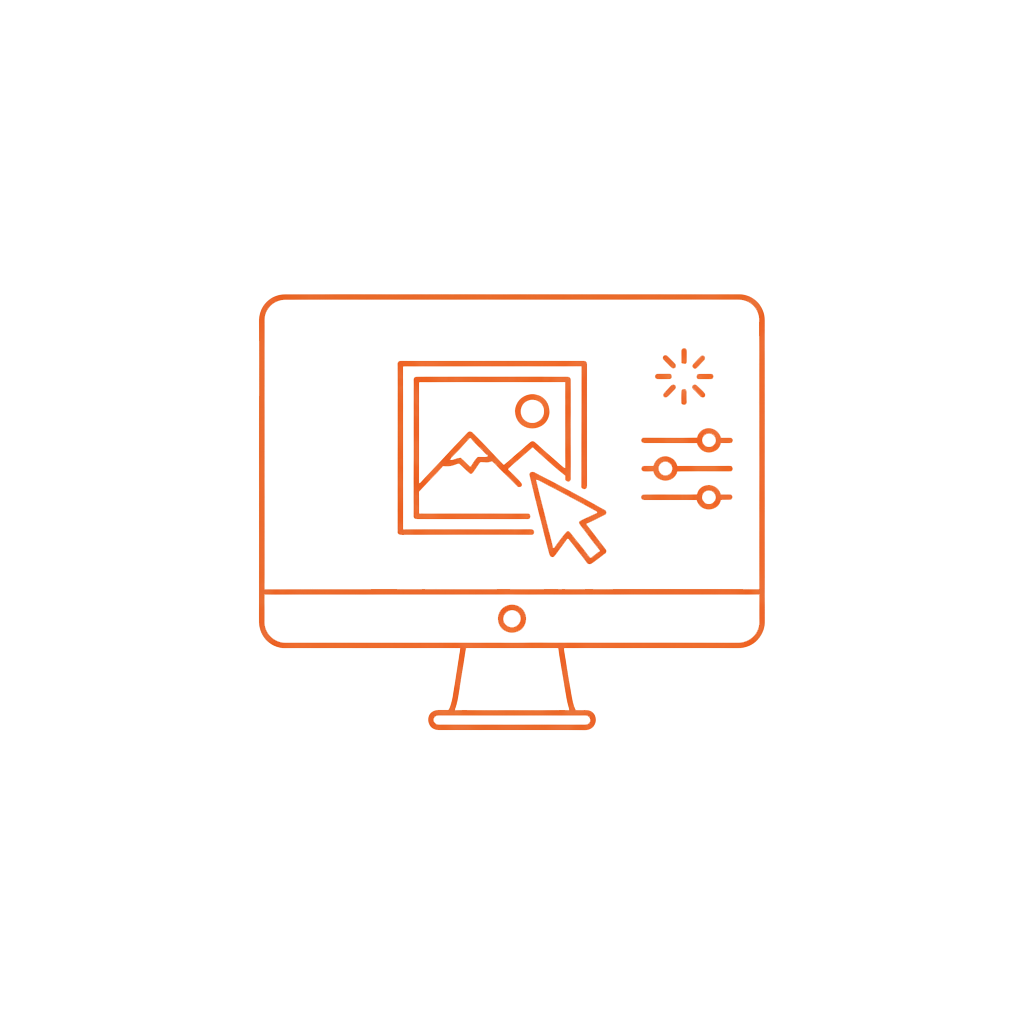 Simple line art illustration of a computer monitor displaying an image editing interface with sun and wind icons.