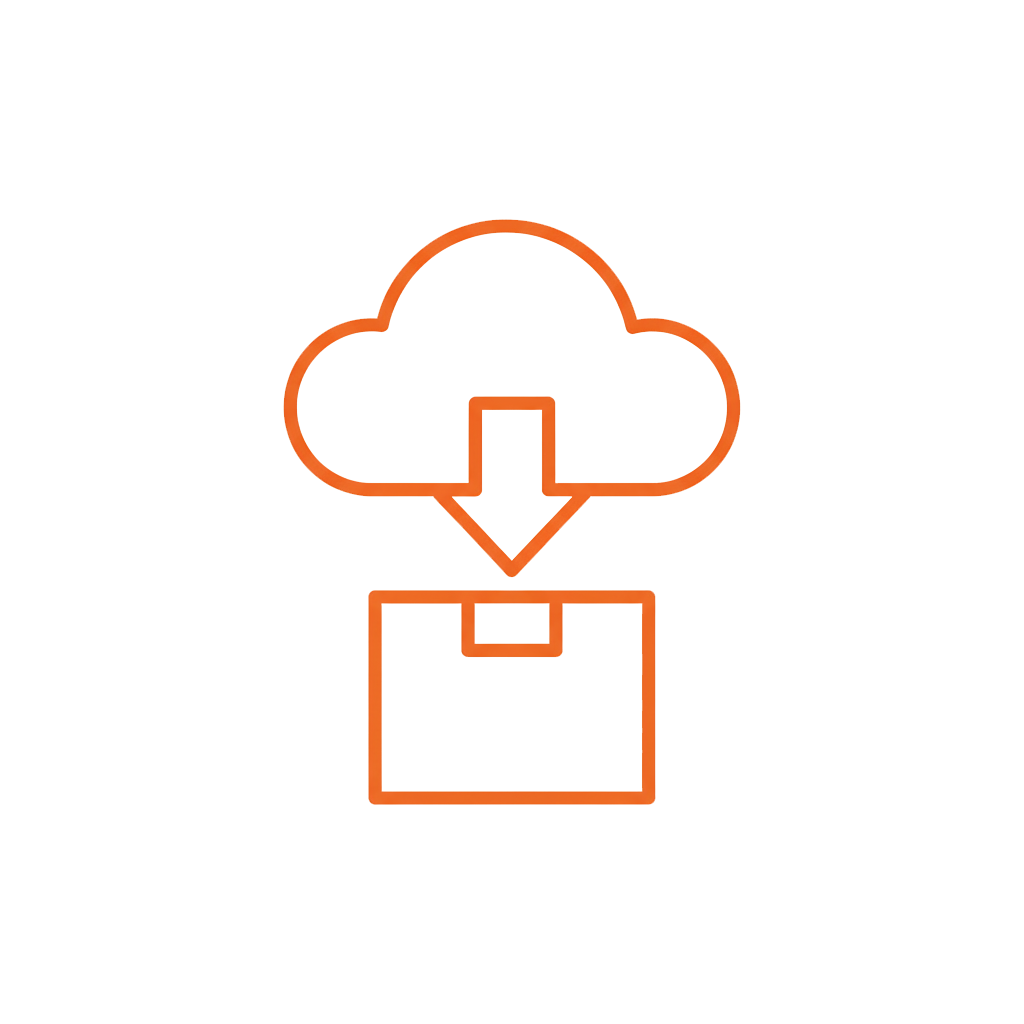 Simple orange line art icons showing cloud storage, download, and upload functions for file management.