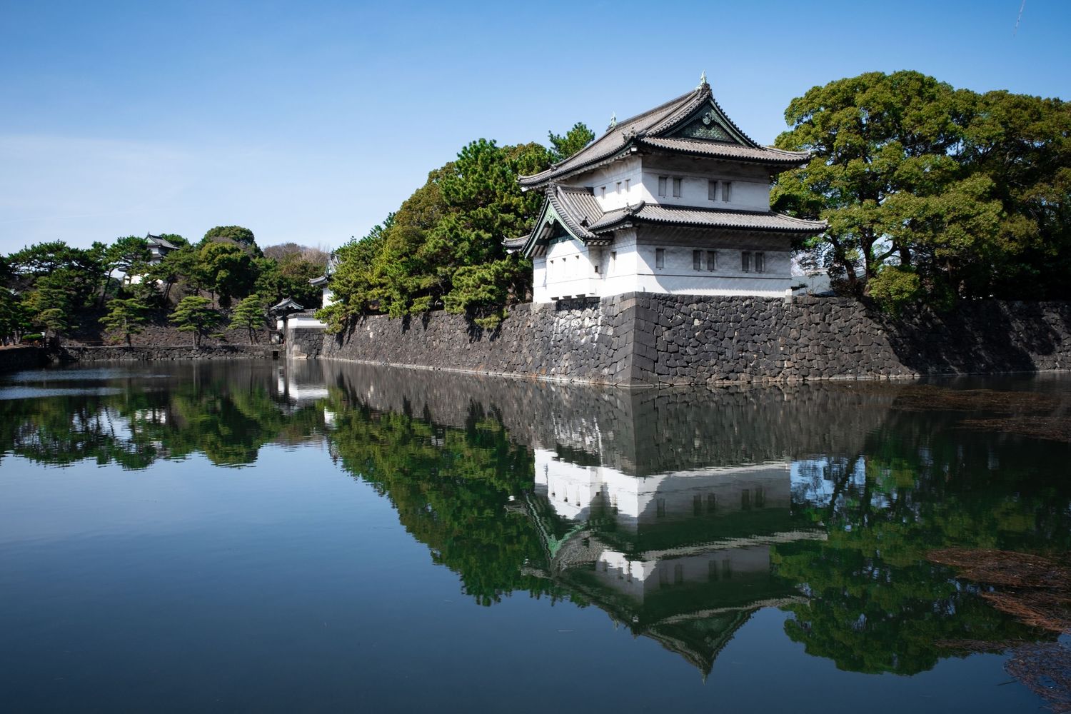 Traditional Japanese castle buildings reflect perfectly in a calm moat surrounded by lush greenery.