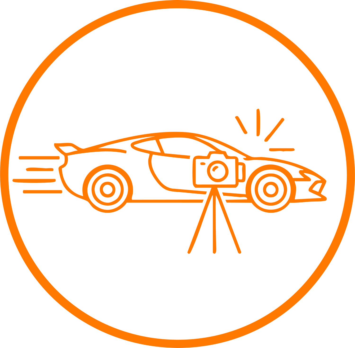 Orange line drawings of cars and photography equipment in connected circular frames.