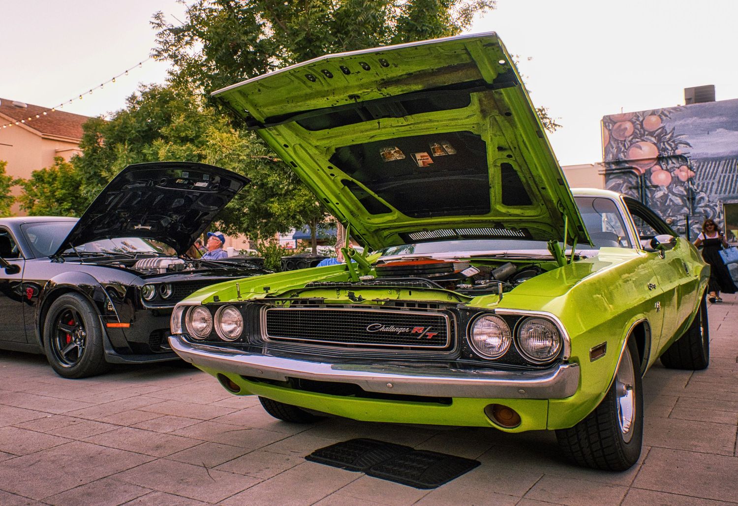 Classic muscle cars in lime green and black lined up at a car show.
