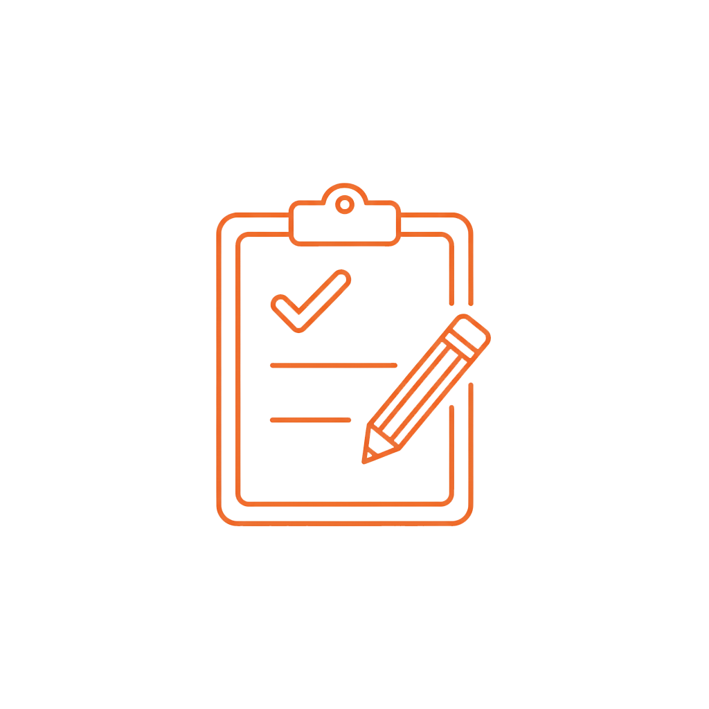 Five orange line art icons showing clipboard, pencil, and checkmark symbols in a row.