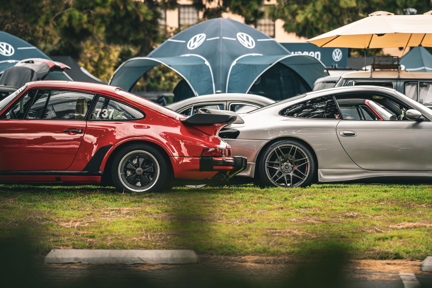 Line of luxury sports cars including Porsche and other high-end vehicles parked on grass.