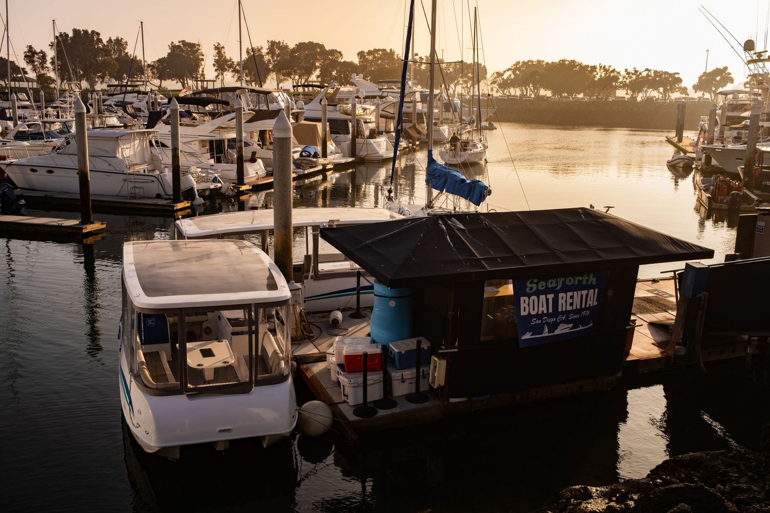 Marina at sunset with boats and yachts docked along wooden piers.