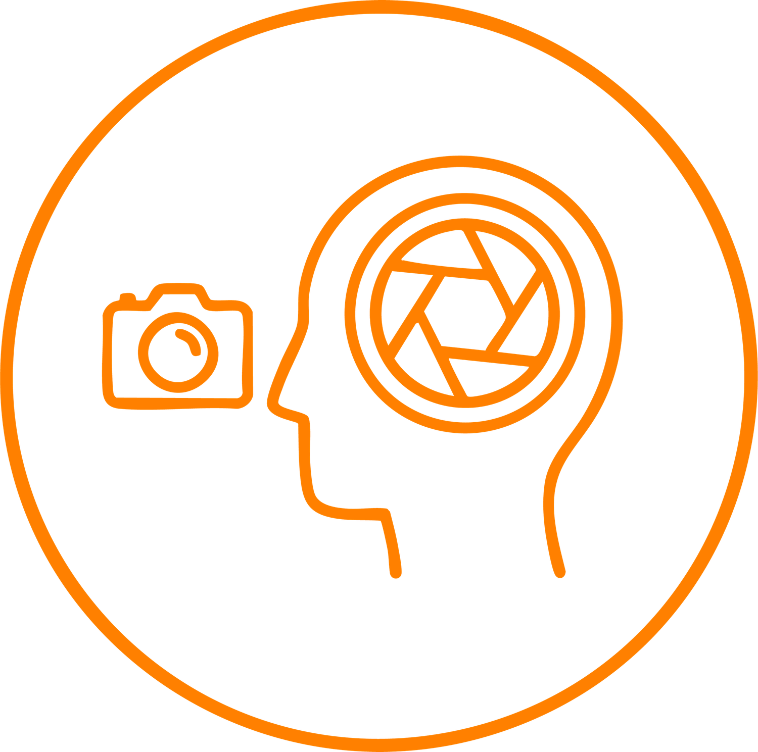Orange circular camera lens icons arranged in a horizontal row against a white background.