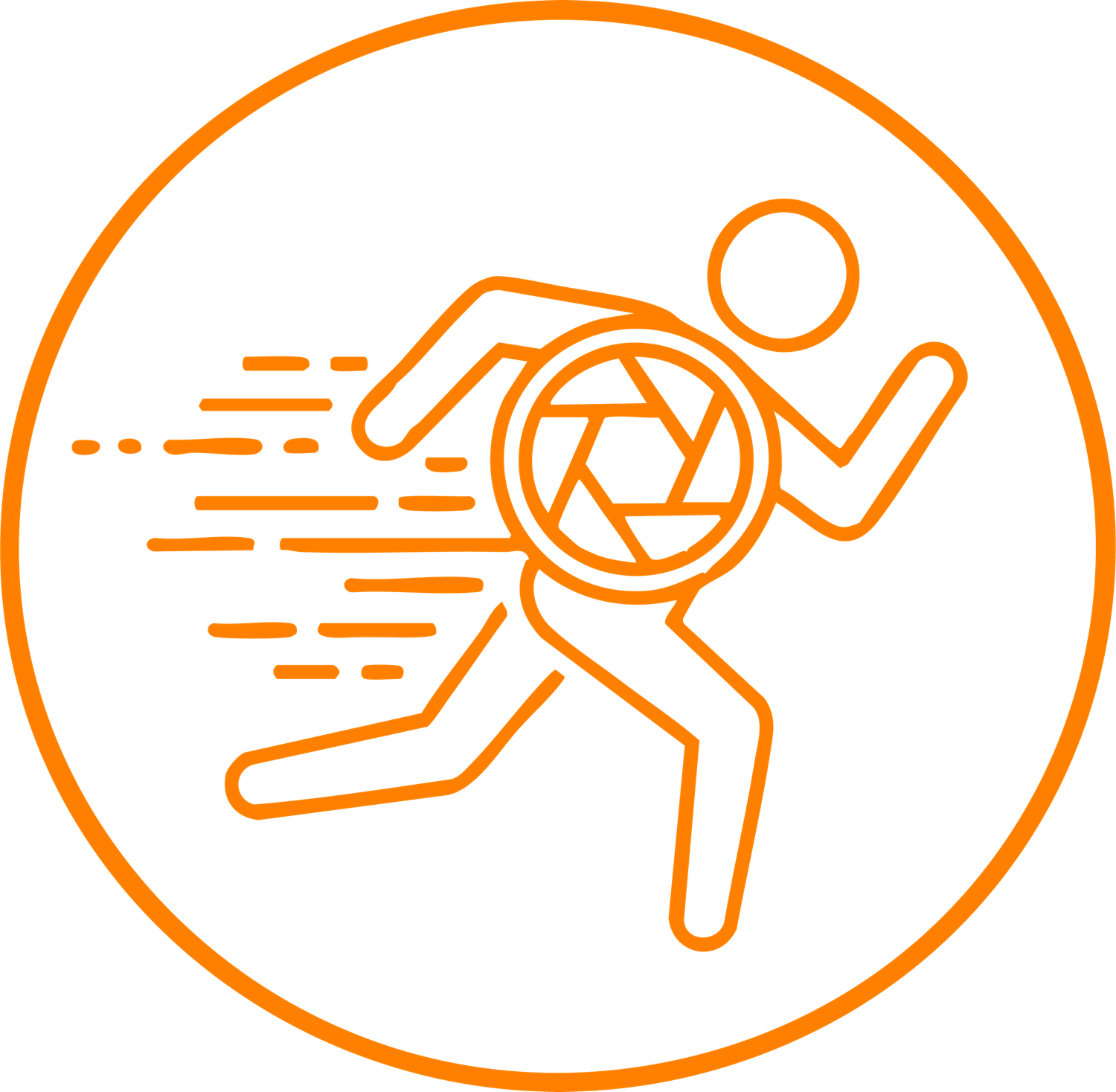 Orange line drawings of photography and camera equipment icons in connected circular frames.