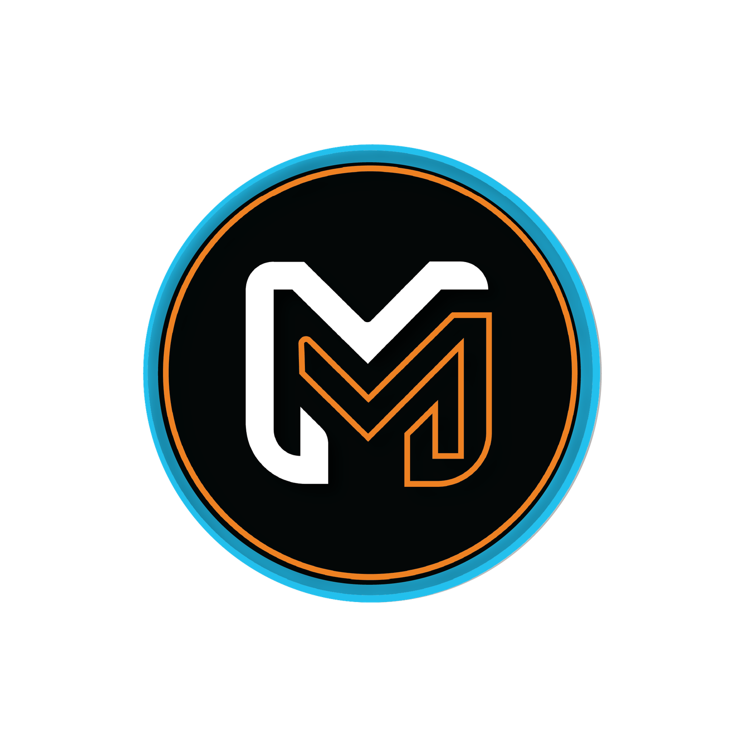 Sleek black and blue oval logo design with geometric M letter.