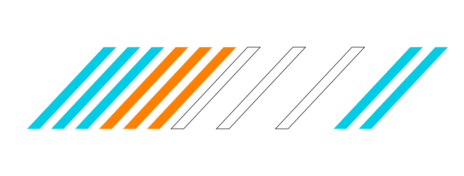 Abstract pattern of diagonal stripes in orange, blue and white colors.