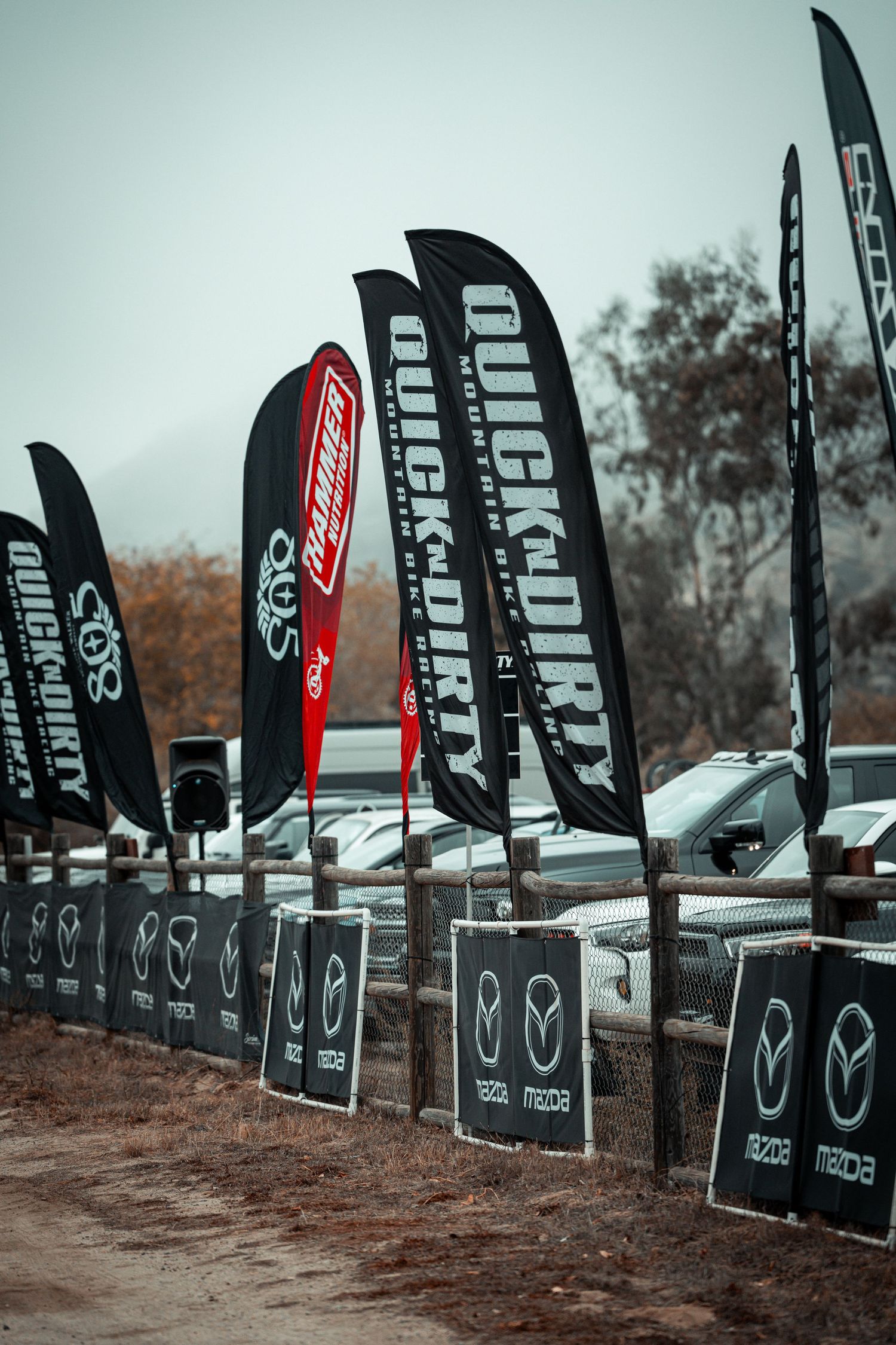 Row of vertical promotional flags and banners at an outdoor sporting event.