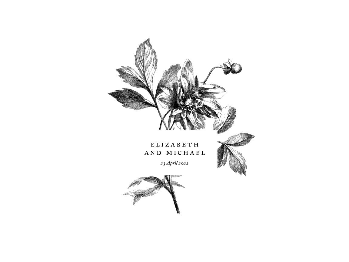 Black and white botanical illustration wedding invitation for Elizabeth and Michael, dated 23 April 2022.
