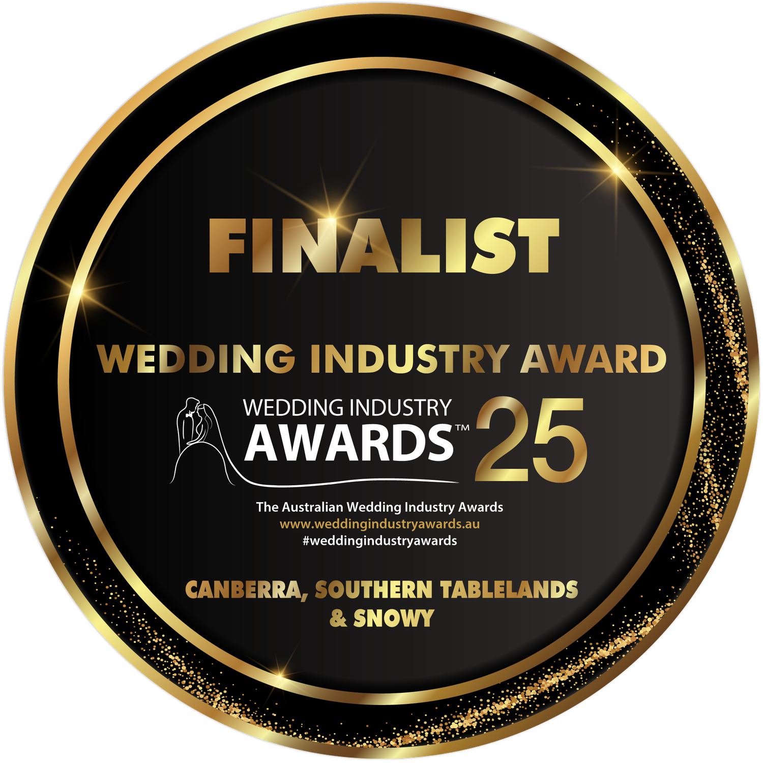 Gold and black wedding industry award finalist badges and logos for Canberra and Southern Tablelands region.