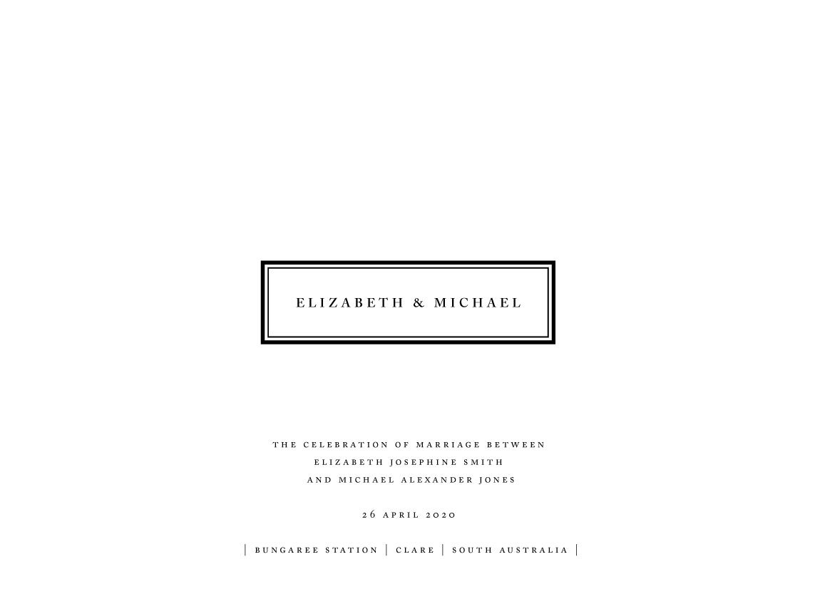 Elegant minimalist wedding program for Elizabeth and Michael at Bungalee Station, Clare, South Australia, April 2020.
