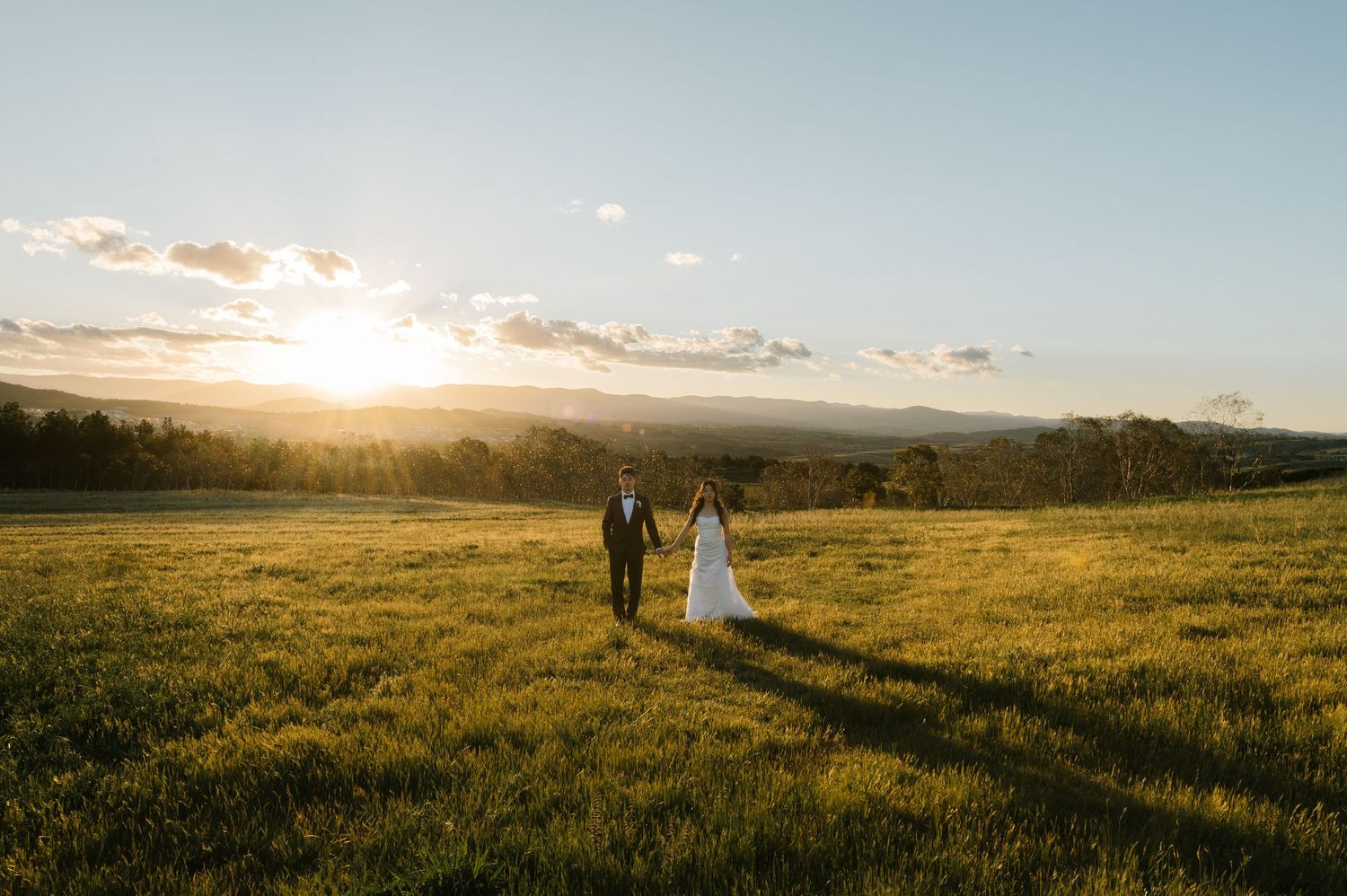 Bride and groom holding hands walking through sunlit green meadow at golden hour sunset with mountain views.