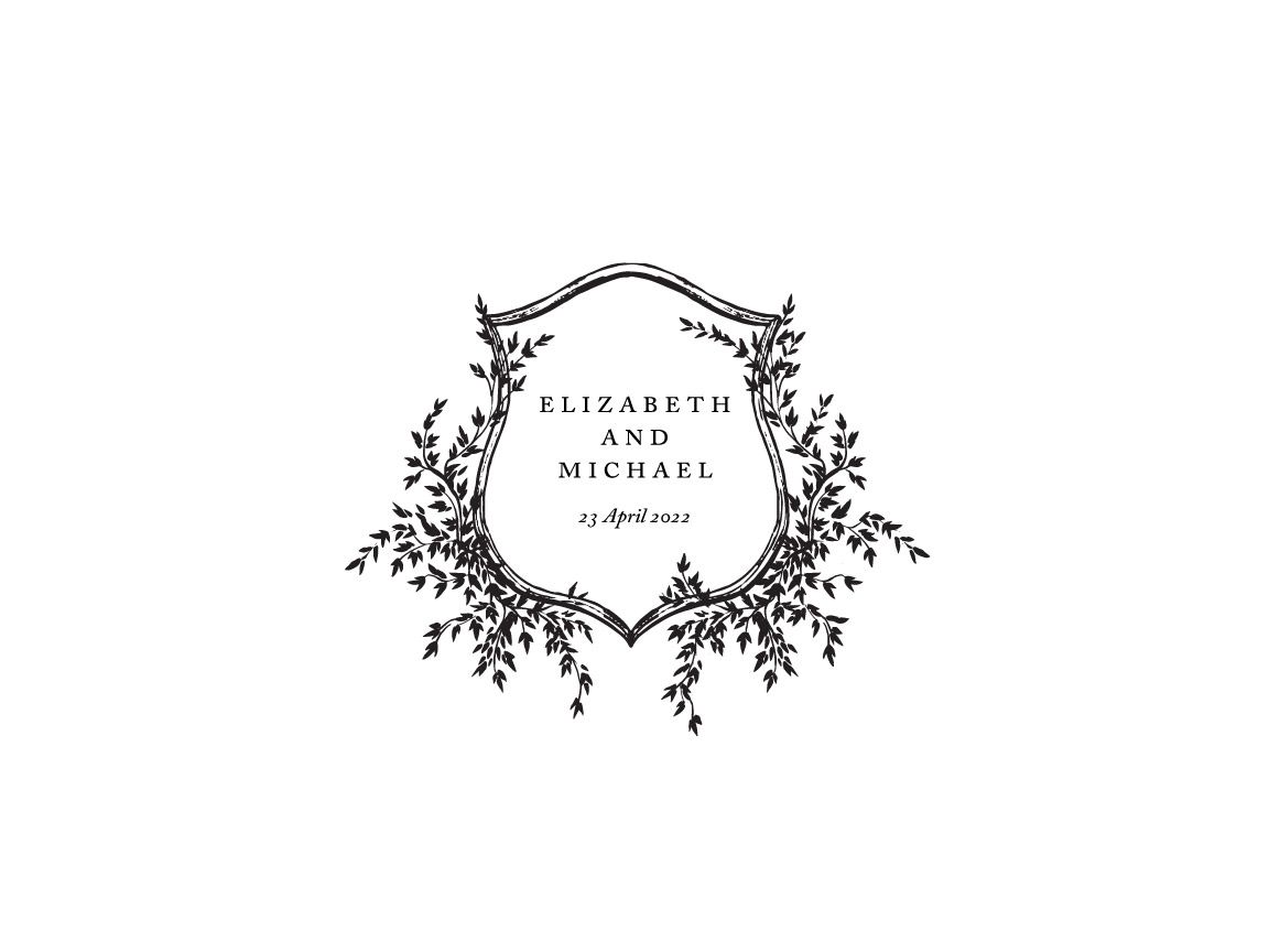 Elegant wedding crest with floral wreath featuring Elizabeth and Michael names with April 2022 date in black ink.
