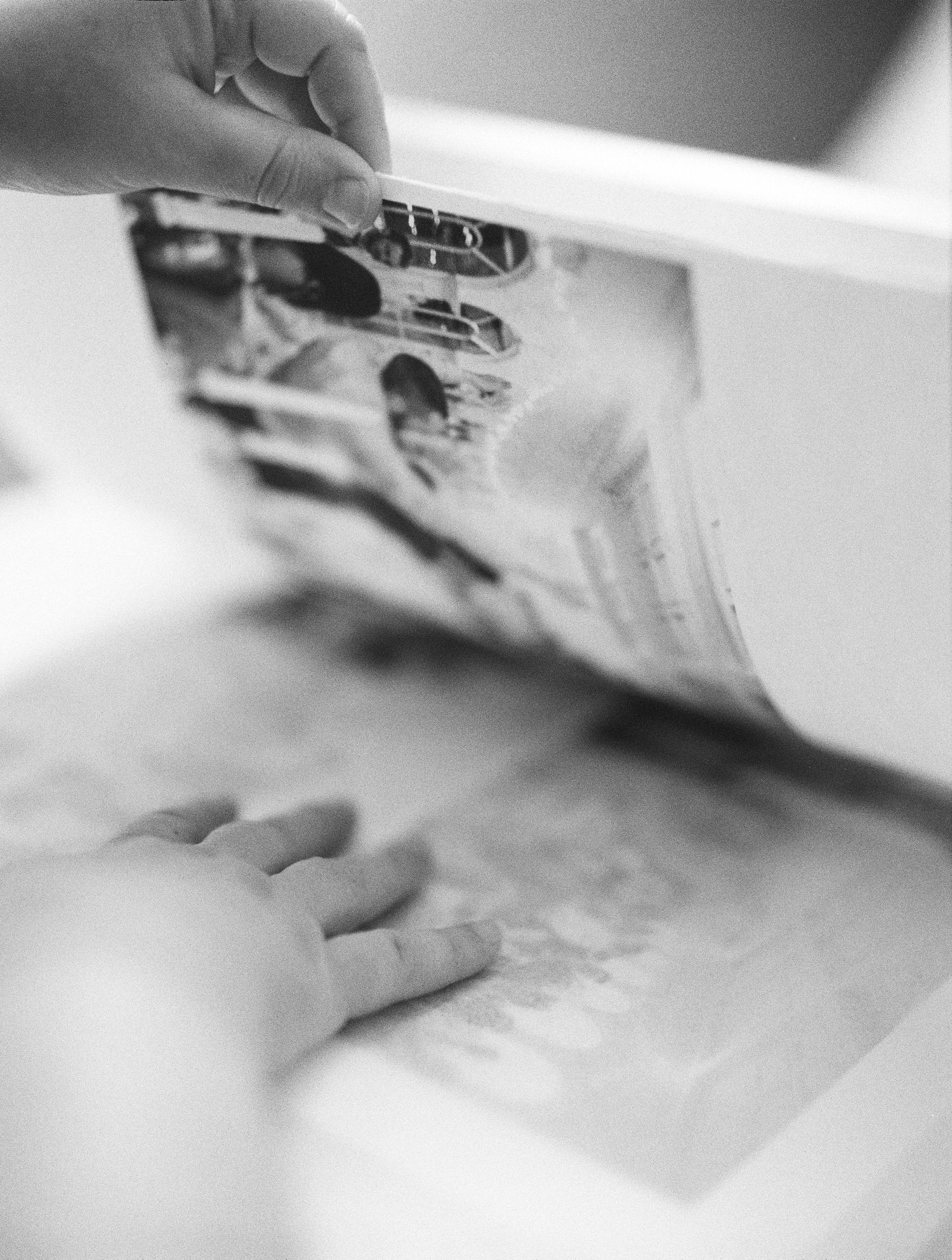 Hands holding a black and white photograph over an open photo album in soft focus.
