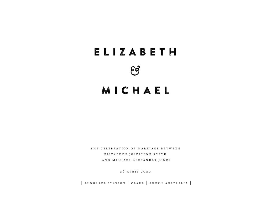 Minimalist wedding invitation for Elizabeth and Michael, featuring elegant typography on a clean white background.