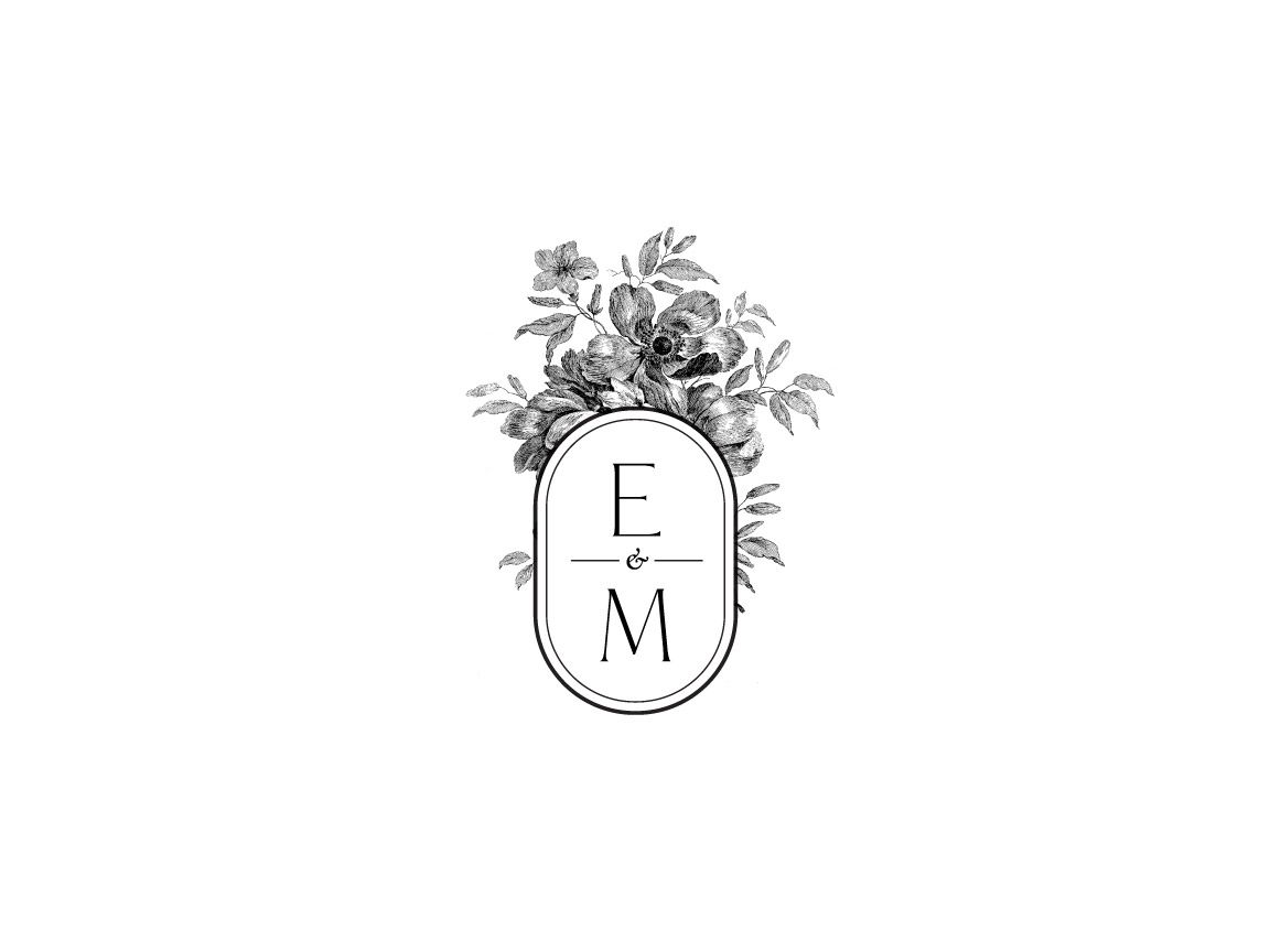 Elegant floral monogram logo with letters E and M inside an oval frame, adorned with vintage botanical illustrations.