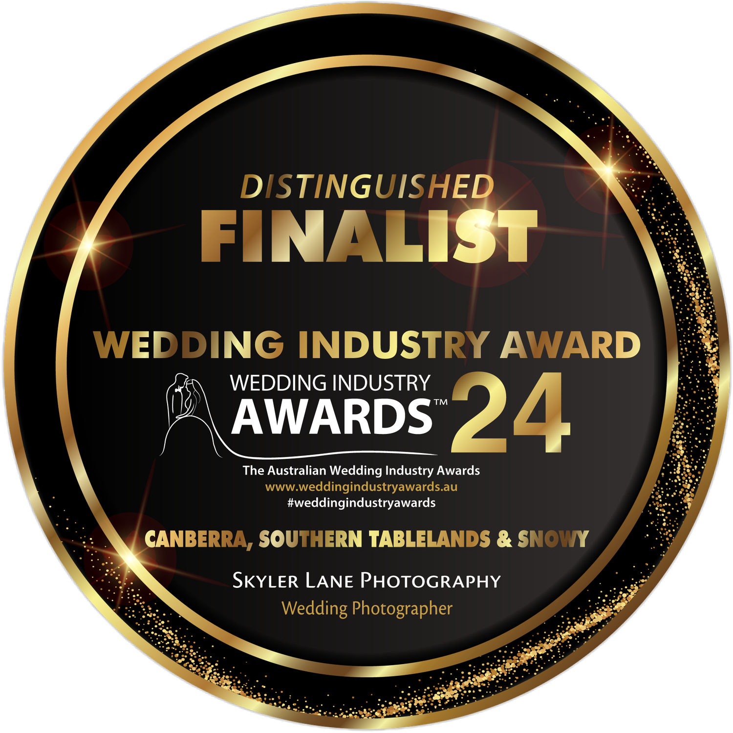Distinguished Finalist badge for Wedding Industry Awards 2024, Skyler Lane Photography, Canberra and Southern Tablelands.