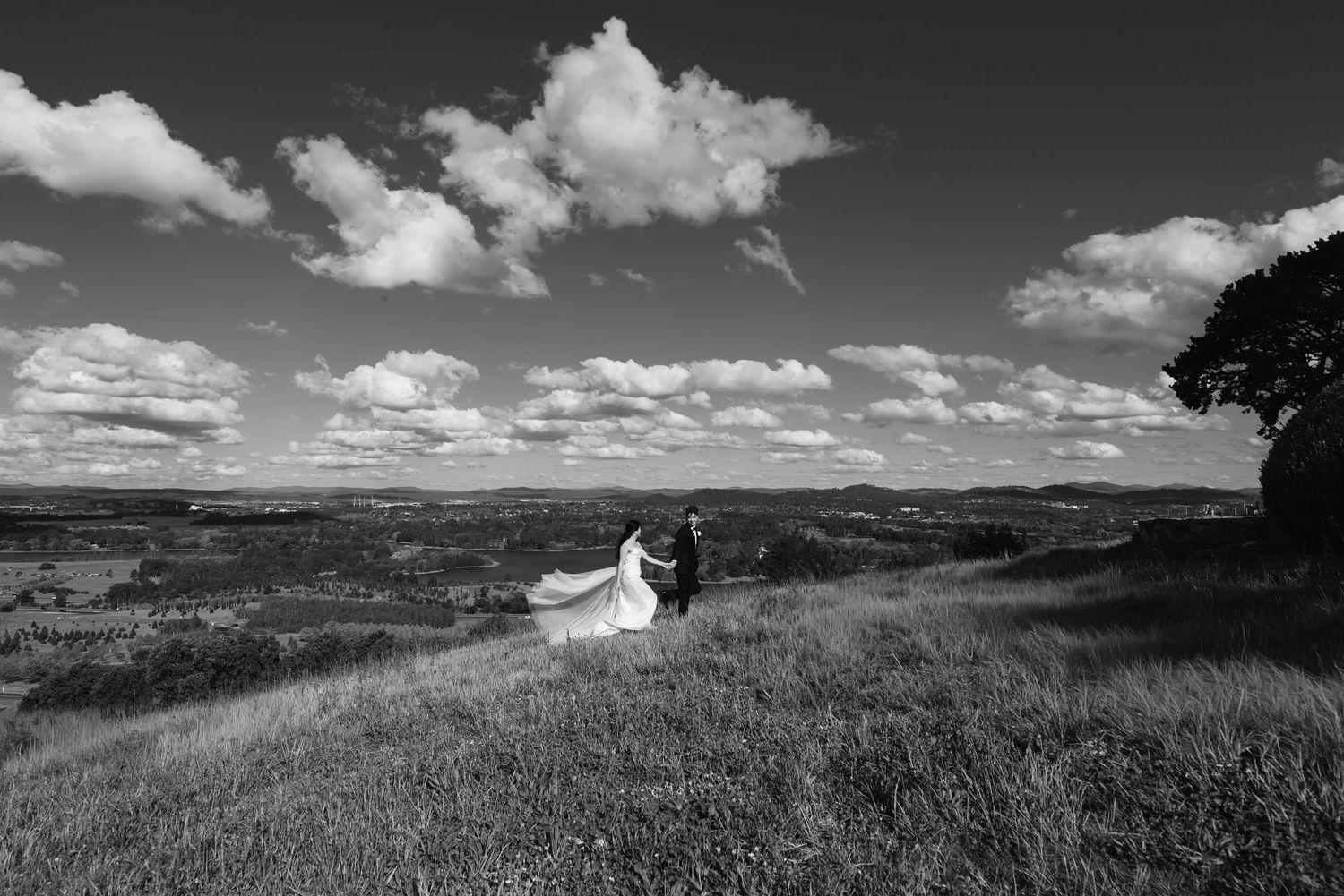 Black and white photo of a bride and groom standing on a hilltop with a dramatic cloudy sky and rolling landscape.