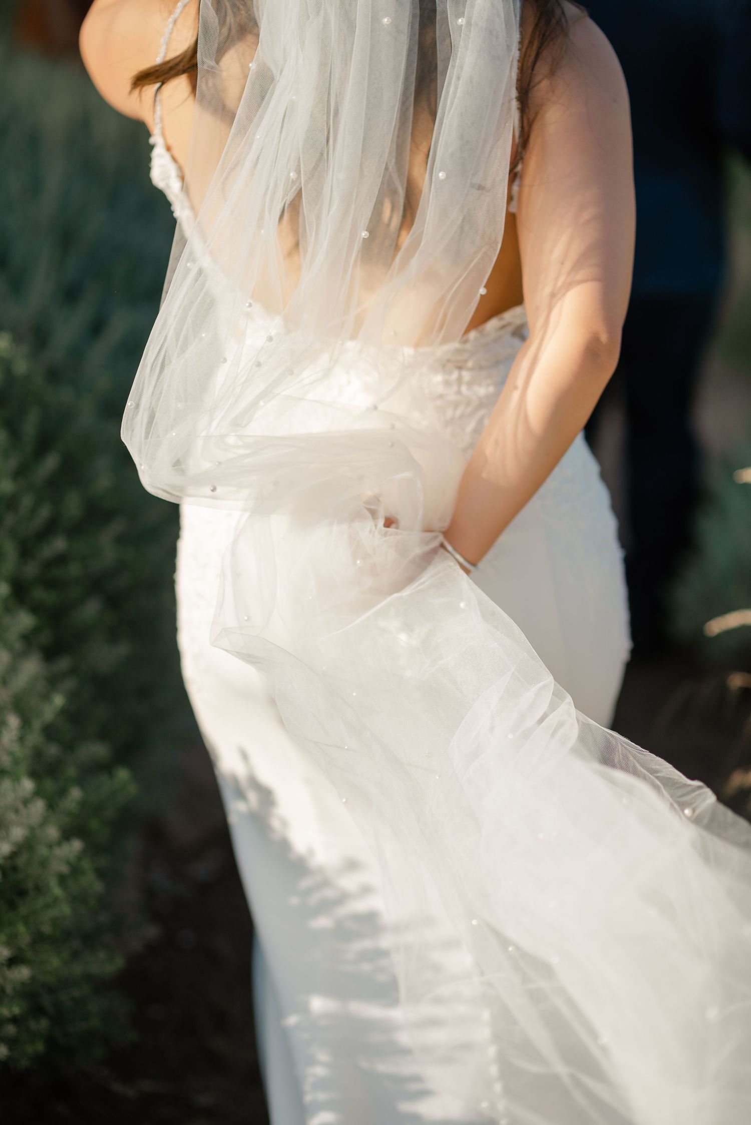 Elegant white wedding dress detail with flowing veil and delicate lace in natural sunlight.