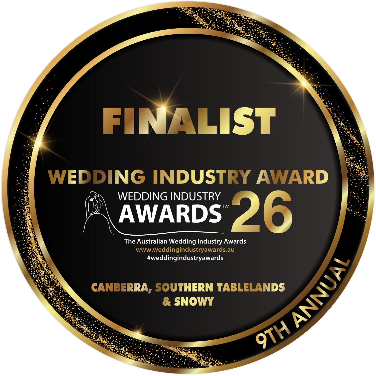 Gold and black Wedding Industry Awards Finalist badge for the 9th Annual Canberra, Southern Tablelands & Snowy region, Award 26.