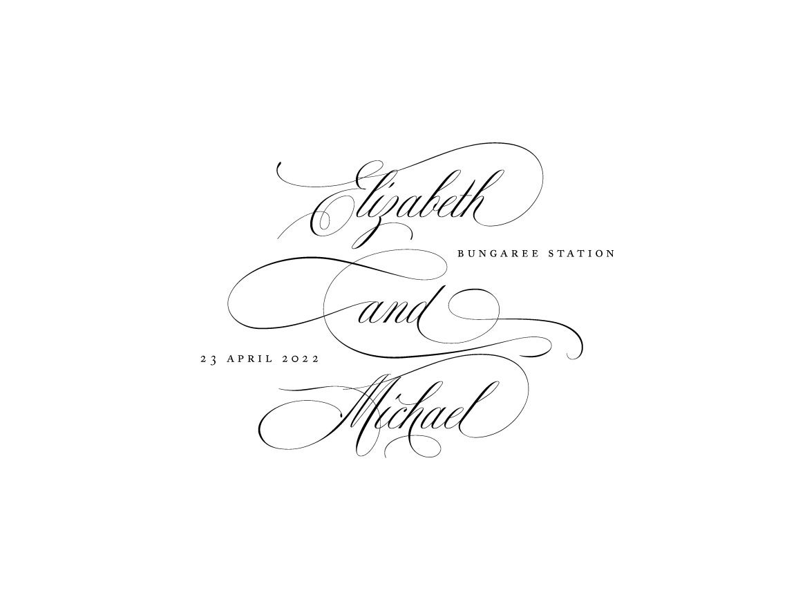 Elegant calligraphy wedding invitation for Elizabeth and Michael at Bungaree Station, dated 23 April 2022.