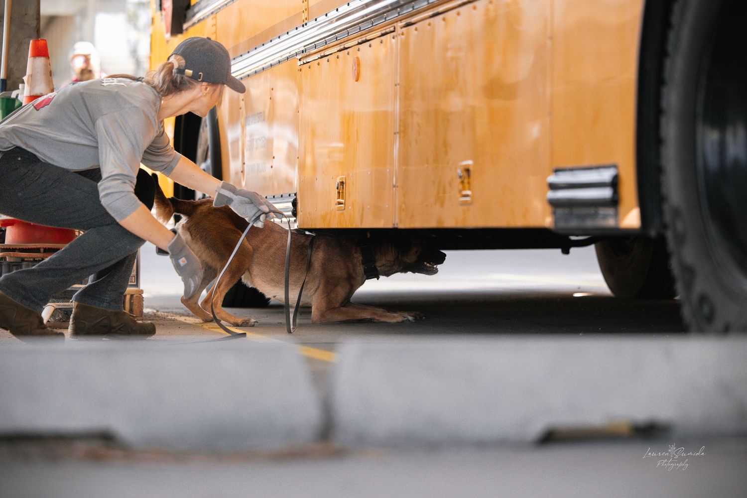 Belgian Malinois dog training in covered parking area with orange walls.