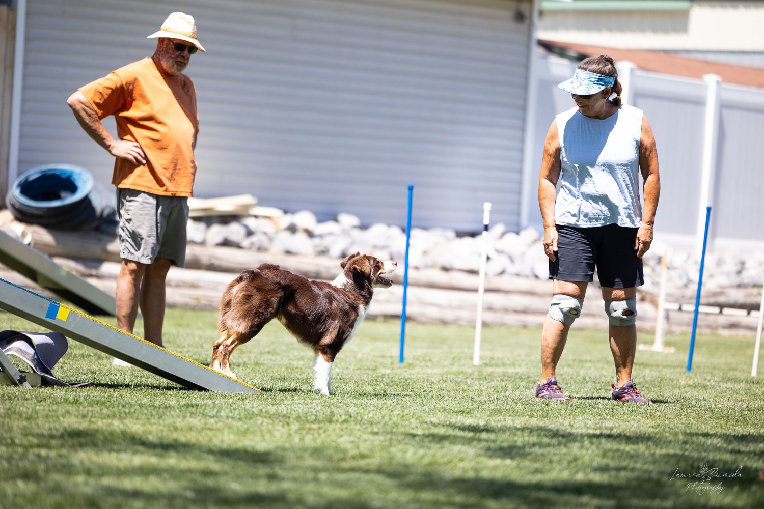 A dog practicing on an agility course ramp while trainers watch.